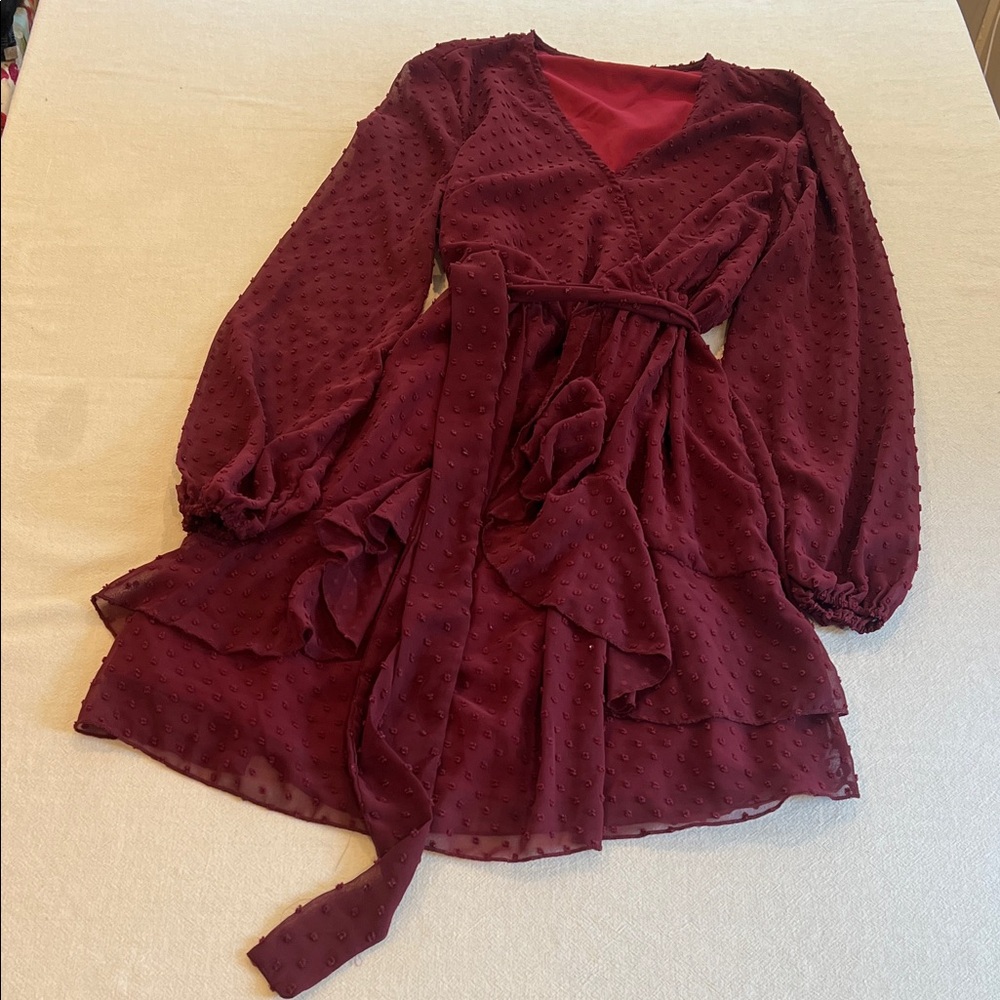 Burgundy Swiss Dot Wrap Dress with Long Sleeves